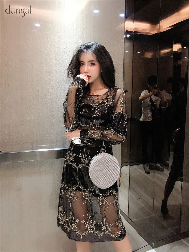 Dangal Sequin Luxury Women Dress Hip Hop Bling Heavy Beading Dress Women Dress Long Sleeve Sexy See-though Dresses For Party