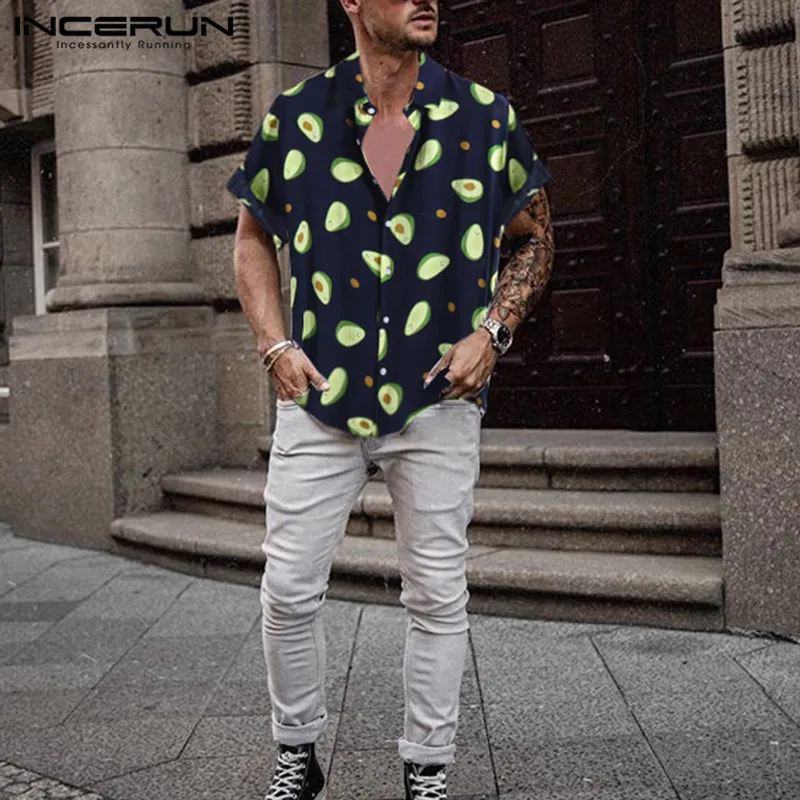 

INCERUN 2021 Summer Mens Shirt Avocado Printed Lapel Neck Short Sleeve Casual Tops Beach Hawaiian Shirts Men Streetwear Camisa