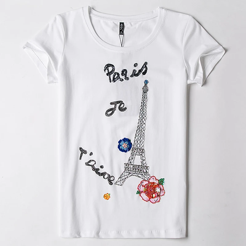 Женская хлопковая футболка с коротким рукавом белая Винтажная вышивкой и