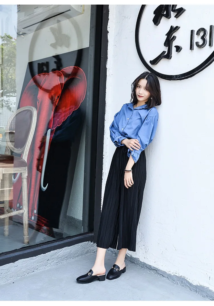 Summer Fashion Genuine Leather Mules Block Heels Shoes Woman Slipper Modis Black Casual Shoes Women Ladies Sliders Female