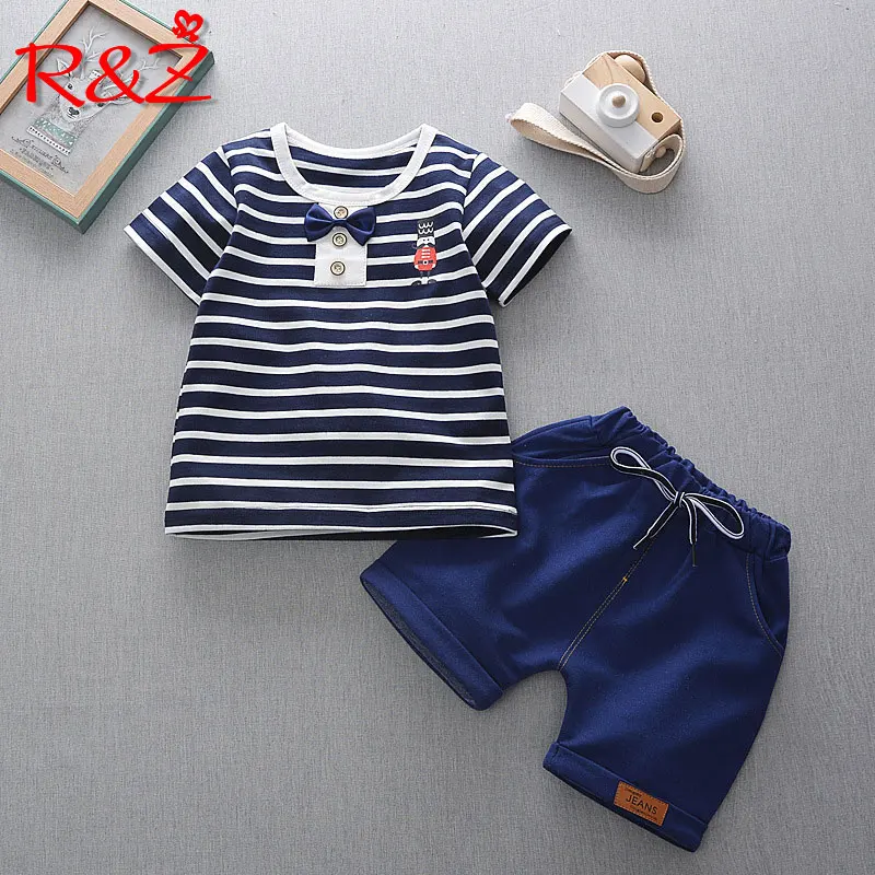 

R&Z 2019 Summer New Boy Cartoon Set Stripe Bow Short Sleeve Shirt Shorts Two-piece Fashion Set