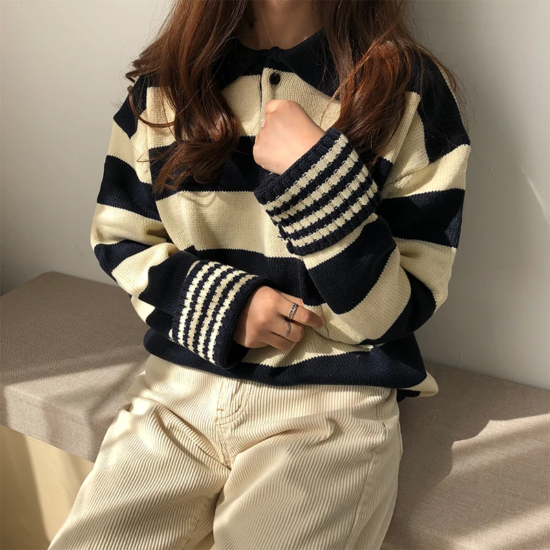 Harajuku Institute хит, цветные полосатые свитера для женщин, Осенний Повседневный вязаный свитер с отложным воротником, женские свободные пуловеры