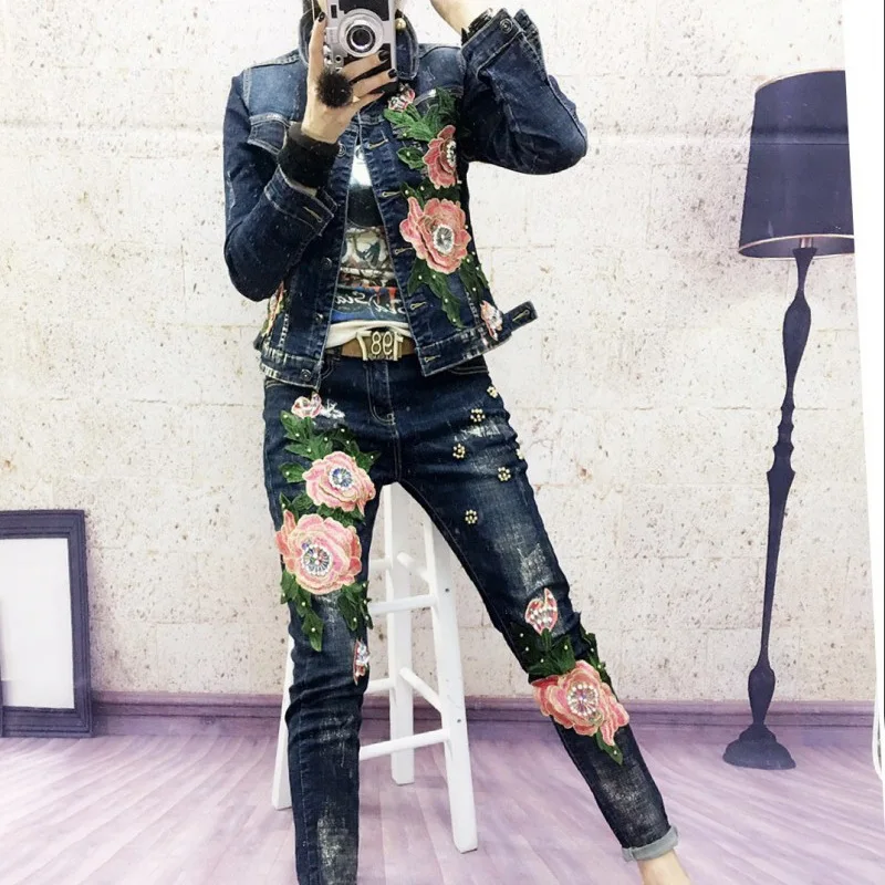 Для женщин Бисер спортивный костюм куртка с рисунком джинсовые для дам 3D Вышивка