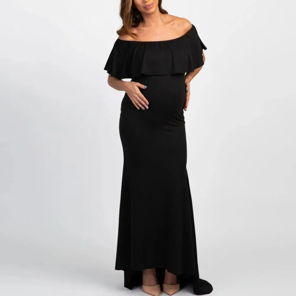 Однотонные платья для беременных с оборками и открытыми плечами фотосессии Robe