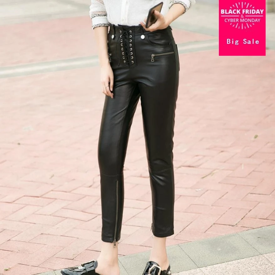 Winter women's genuine leather pants high waist lace up Sheep skin trousers female Bottom zippe real leather pencil pants L1592