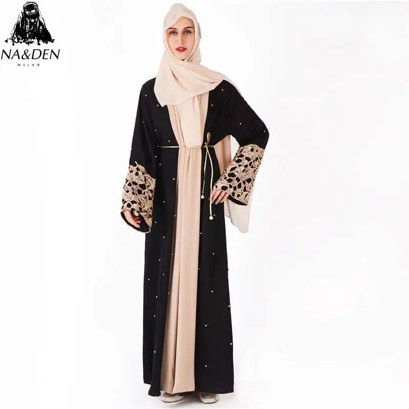 EID исламское кимоно abaya Черное женское длинное с кружевом и рукавами летучая мышь