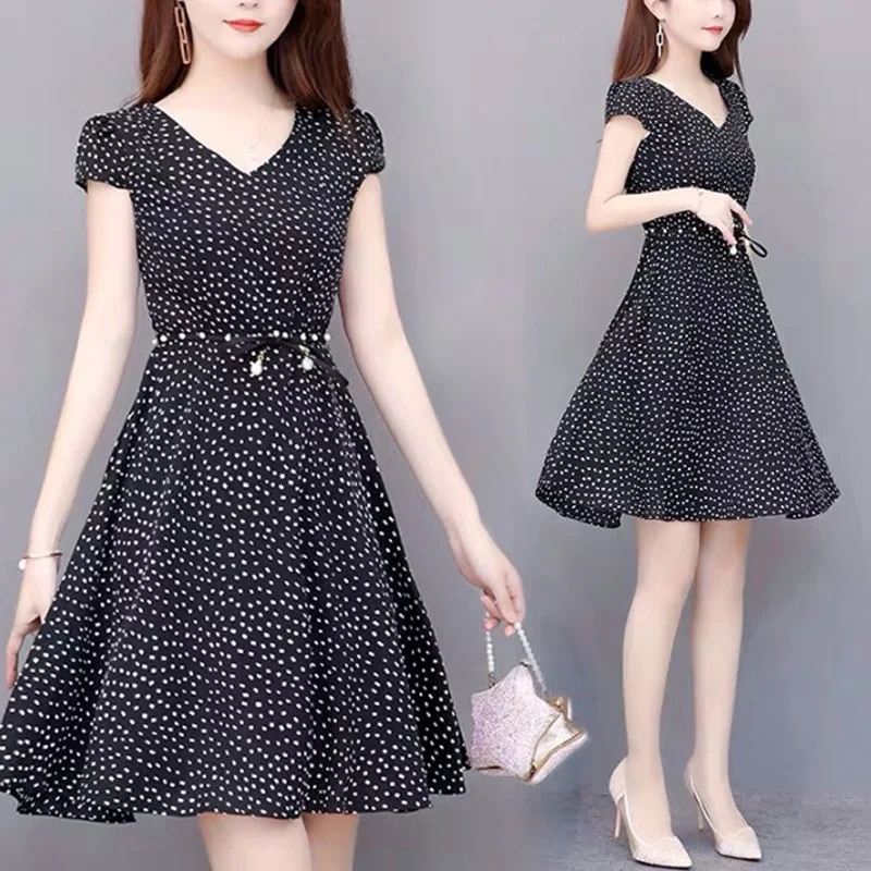 Женское Повседневное платье с круглым вырезом и коротким рукавом поясом в