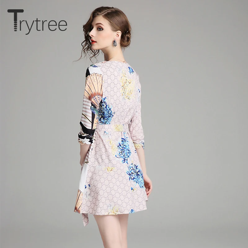 Trytree лето осень Хай стрит Irregul платье из набивной ткани Для женщин с рукавом три