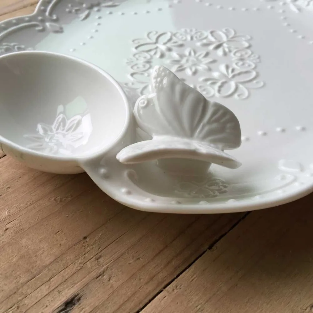 Ручная работа тиснение бабочка белая керамическая тарелка для пельменей с
