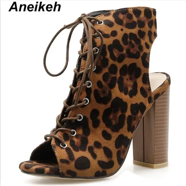 Leopard grain Aneikeh/ г. летние классические женские ботинки из флока с леопардовым принтом обувь для танцев на высоком квадратном каблуке с открытым носком на шнуровке, Размеры 35-42 - Цвет: Leopard grain