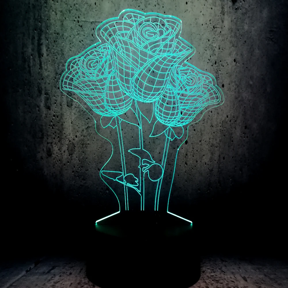 Светильник в форме букета цветов "Роза" 3D с LED-подсветкой для ночного освещения в праздничной комнате, декор для девушки в День Святого Валентина, создание настроения.