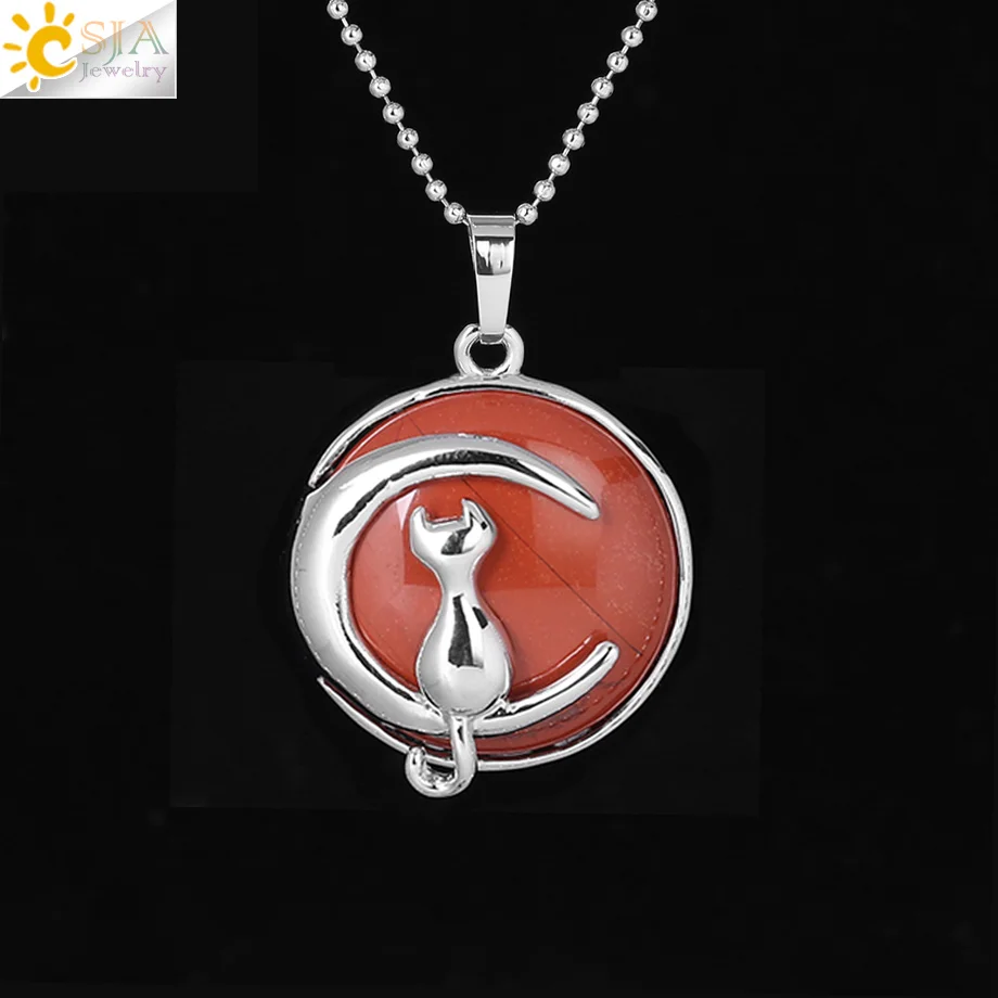 Red Jasper CSJA, Новое поступление, женское ожерелье, кошка на Луне, натуральный камень, кристалл, подвеска, подвески, твердый корпус, котенок, талисманы, ювелирные изделия F341 - Окраска металла: Red Jasper