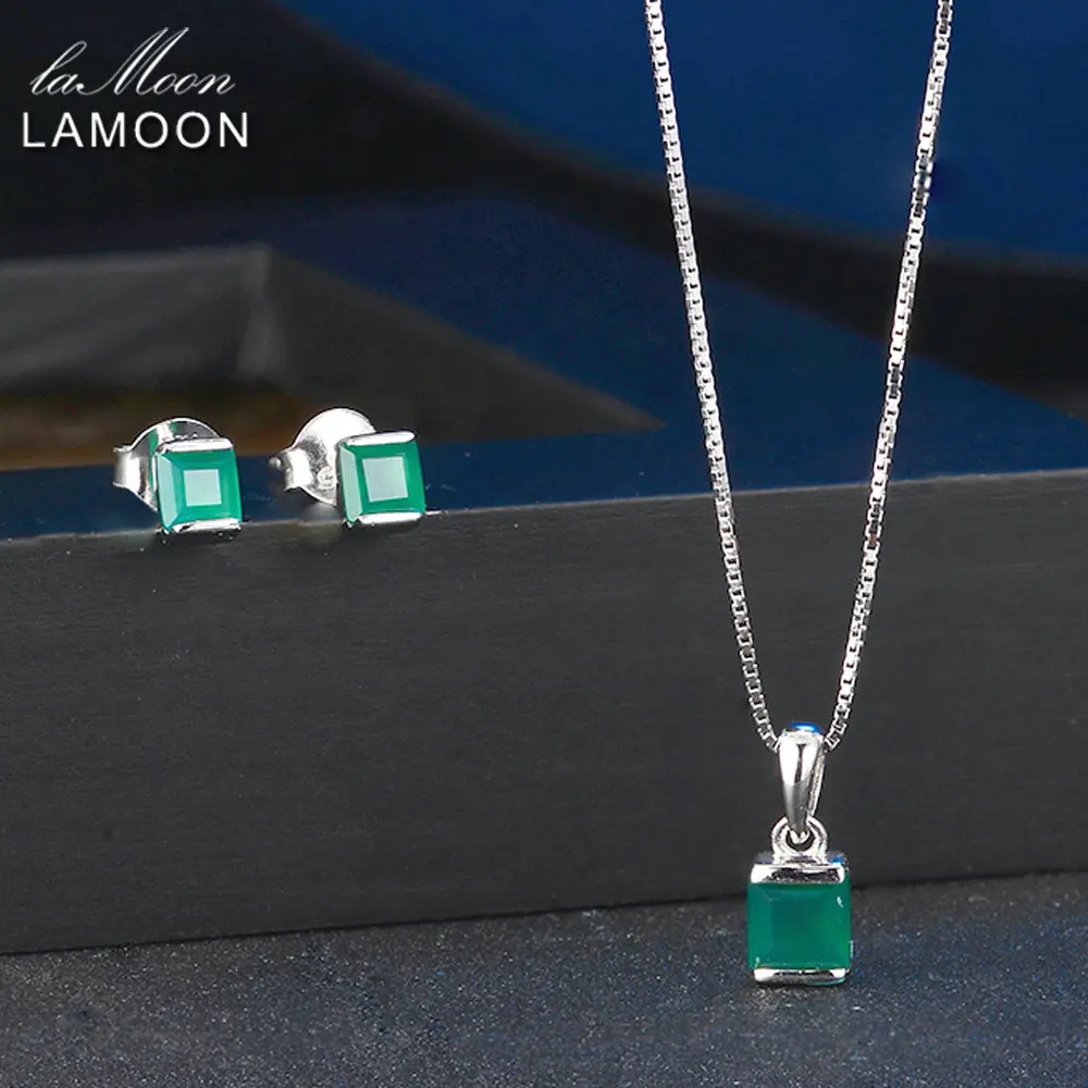LAMOON 4 мм 0 6x2 ct Природный зеленый халцедон 925 пробы серебро простой комплект