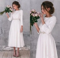 2022 long sleeve simple satin wedding dresses vintage a line tea length gorgeous short wedding bridal gowns robe de mariage