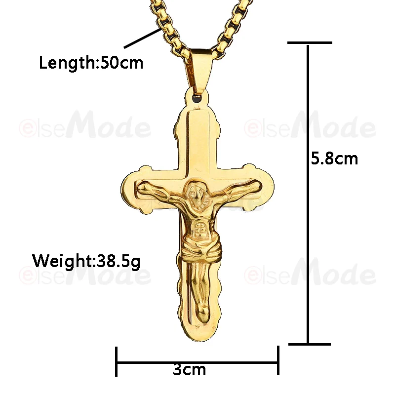 ELSEMODE Cross Necklace Crucifix Pendant Gold Color 316L Stainless Steel Catholic Chain Necklace&ampPendants for Men Jewelry Gift |