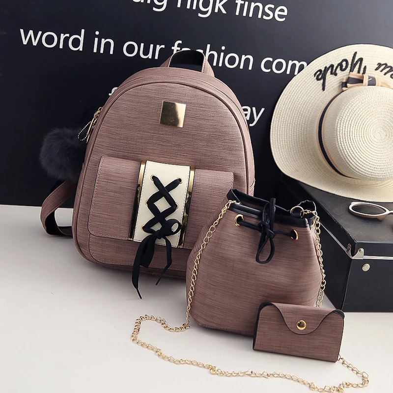 3Pcs/Set Women Backpack Set pu leather female fashion casual backpack+bucket bag+purse backpack bags for teenagers girls 48