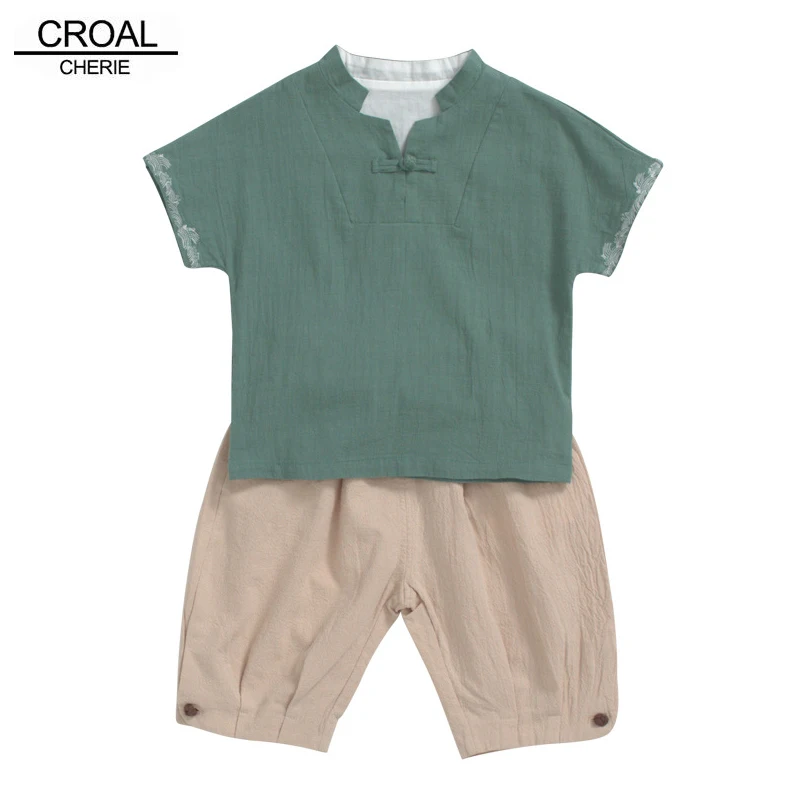 

CROAL CHERIE 2pcs Cotton Linen Kids Baby Girls Boys Clothes Short Sleeve Tops + Shorts Suits Casual Children's Sets 90-140cm