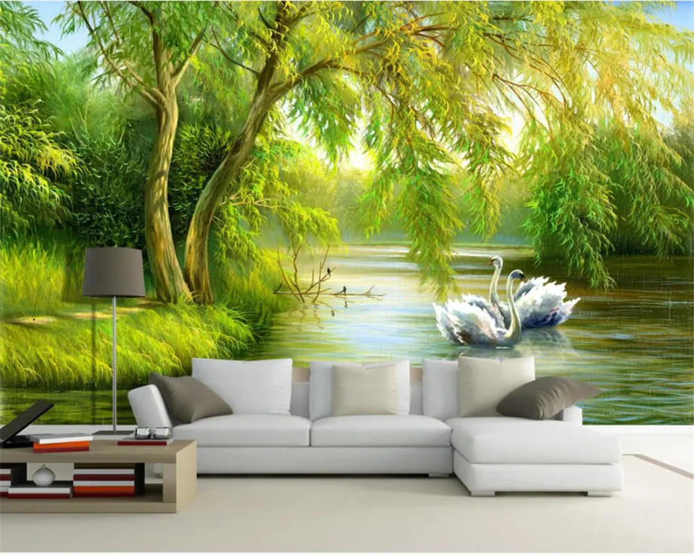 

beibehang Customize 3D mural Wallpaper Nordic Style Forest Swan Lake Oil Painting TV Backdrop Wall wallpaper for walls 3 d