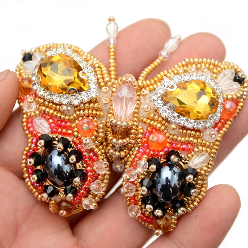 Вышивка бисером ручной работы 3D оранжевый цвет Бабочка лист блестки аппликация