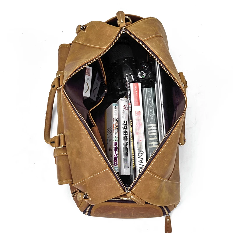 Vintage Men Travel Bag Crazy Horse Genuine Leather Big Travel Duffel Bag With Shoe Pocket Large Luggage Business Bags Handbag