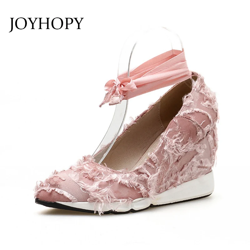 

2018 г. Осенние туфли на танкетке с острым носком женские хлопковые туфли-лодочки на скрытой платформе модные туфли на высоком каблуке с перекрестной шнуровкой WP1122