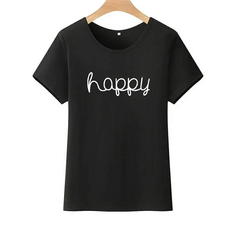 HAPPY Hipster Print T Shirt for Women Short Sleeve Loose Casual Summer Streetwear Black &amp White tee shirt femme | Женская одежда