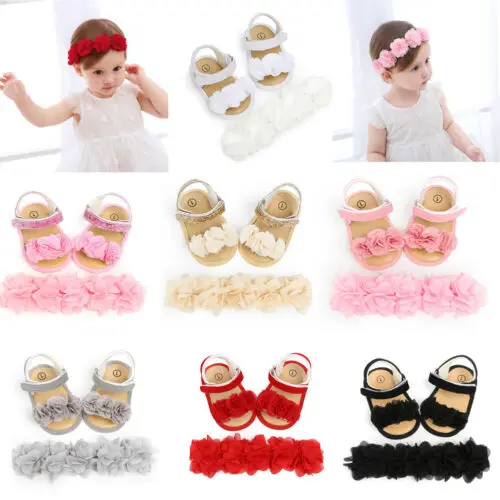 Newborn Kid Baby Girl Flower Sandals Casual Crib Shoes First Prewalker+Headband 2Pcs Summer Toddler Clogs |