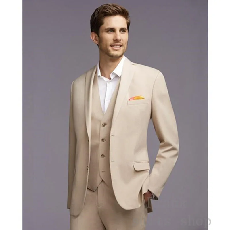 2022 New Groomsmen Notch Lapel Groom Tuxedo Slim Fit Beige Man Suit For Wedding Best Blazer Trousers Men's Jacket+Pants+Vest | Мужская