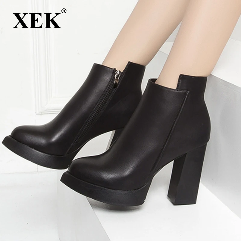 

XEK Thick High Heels booties Woman 2018 Pu Leather Platform Female Ankle Boot Zip Women Shoe Female Winter Footwear ZLL526