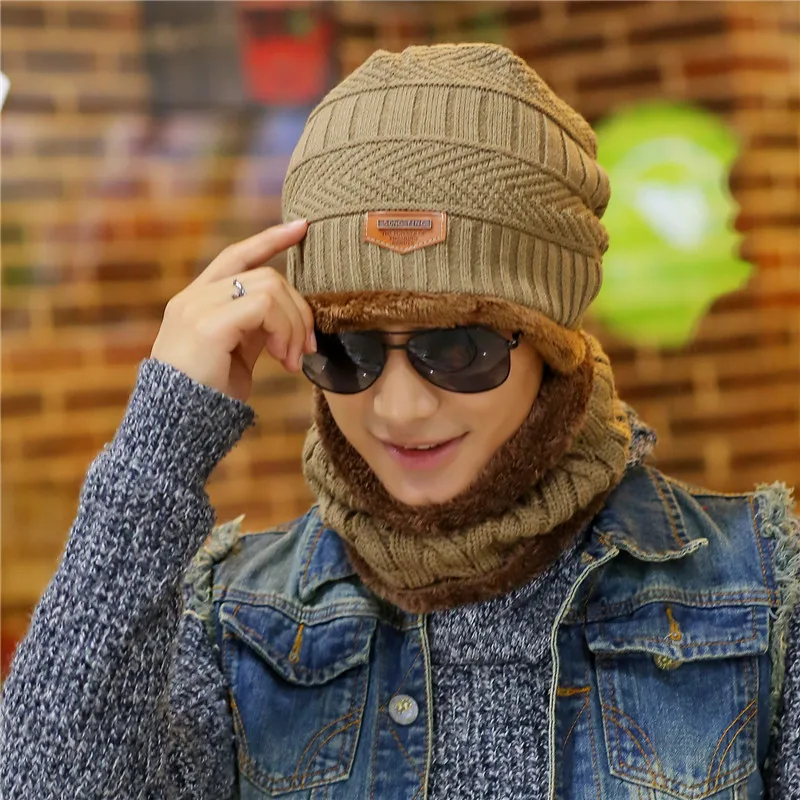 Новое поступление 2017 облегающие шапки с шарфом вязаная шапка мужские зимние для