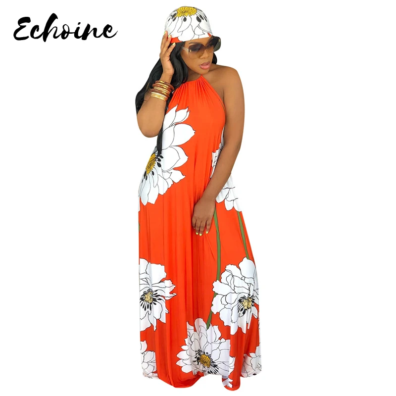 

Echoine Women Summer Sexy Halter Sleveless Backless Floral Print Long Loose Dress Fashion Plus Size Elegant Beach Sundress Scarf