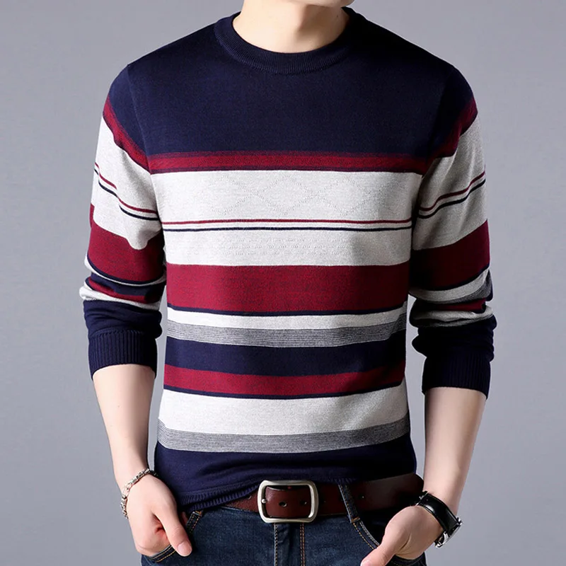 

Liseaven Men Fleece Thick Sweaters Pullover Sweater Winter O-Neck Pull Homme Men Striped Pullovers