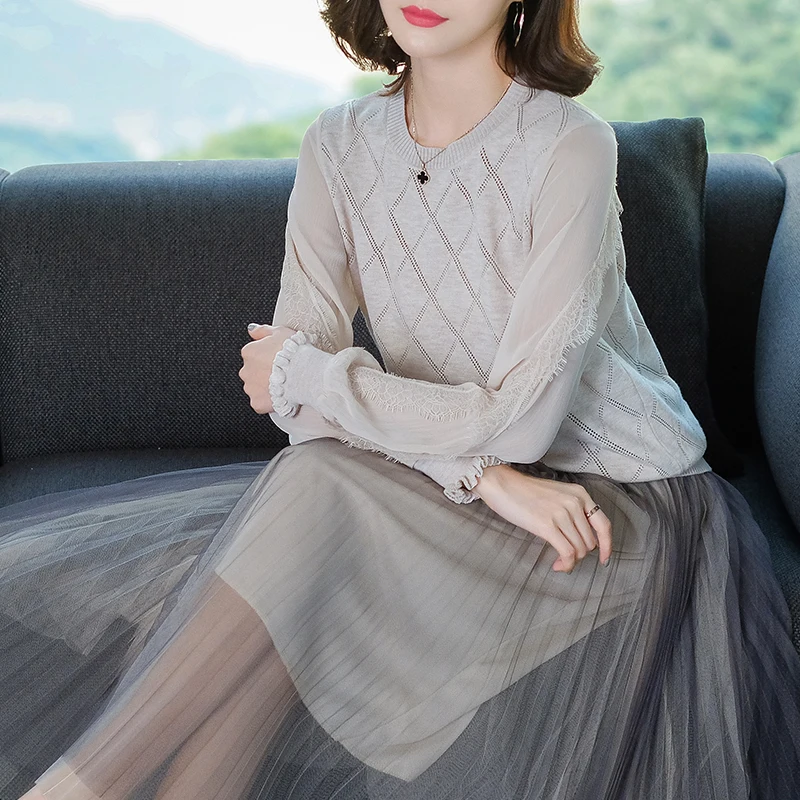 Brand Knit Sweater 2019 Spring Fall Women New Pure Color Panel Lace Lantern Sleeve Casual O-neck Pullover Female | Женская одежда