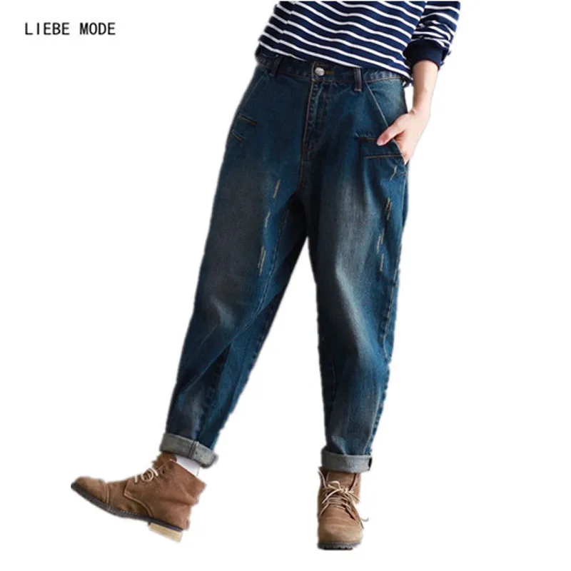 Женские джинсы бойфренды свободные хлопковые темно синего цвета в Корейском