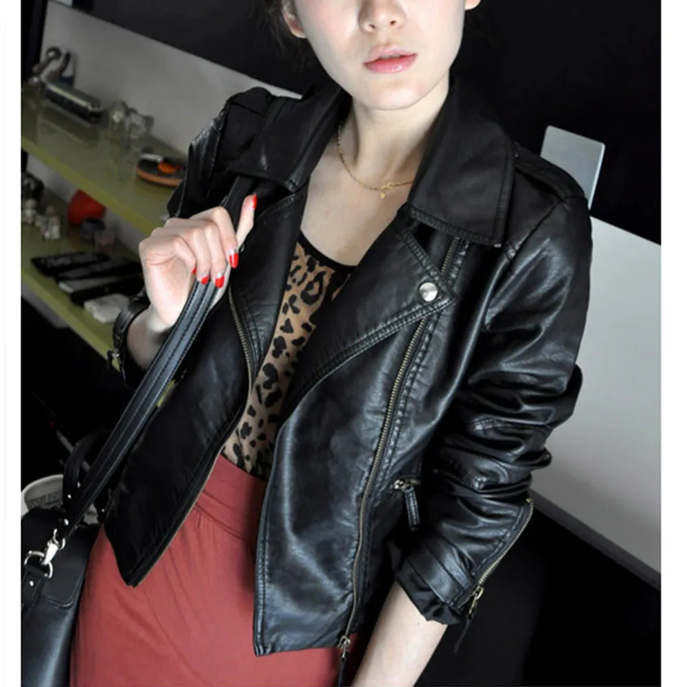plus size 3XL 2017 autumn women black slim Korean style PU leather jackets sweet bodycon full sleeve zipper femme outwear coat | Женская