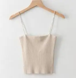 khaki tops SheMujerSky женский укороченный топ на бретельках, металлические стразы, цепочка, трикотажные топы, сексуальный тонкий белый укороченный топ - Цвет: khaki tops