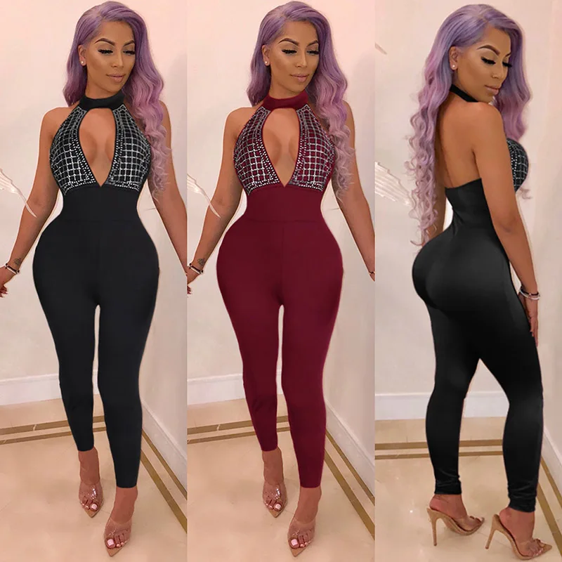 Women Sexy Bodysuit Rompers Off shoulder Sleeveless Open Up Jumpsuits Casual Solid Diamonds Halter Jumpsuit Clubwear Party | Женская