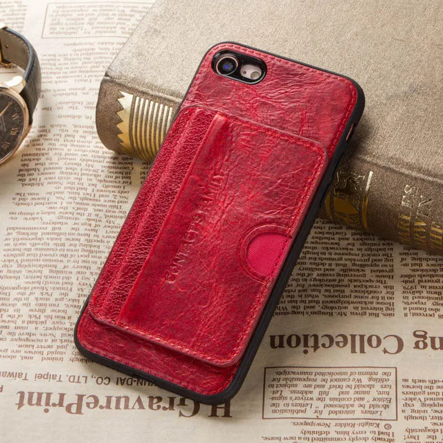 1002-Red Чехол Crazy Horse из воловьей кожи для iPhone 7, 8, кожаный чехол-накладка, дизайн кронштейна для iPhone 8, слот для карт, чехол-кошелек - Цвет: 1002-Red