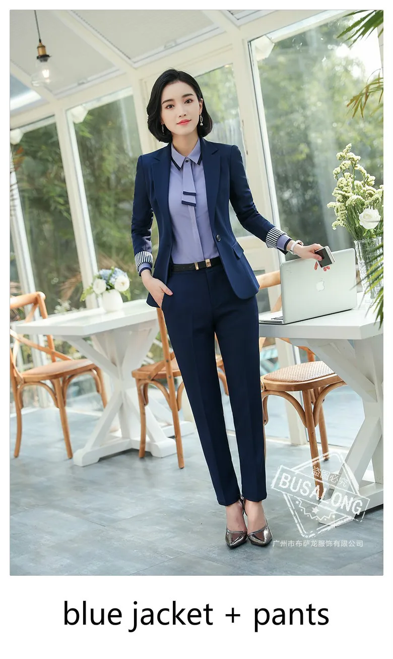 Blue Blazer Pants Костюм женский брючный костюм женский костюмы женские женский костюм Женский костюм для работы, костюм для офиса комплект из 2 предметов, Блейзер, женские деловые штаны, черное пальто, брюки, осень - Цвет: Blue Blazer Pants