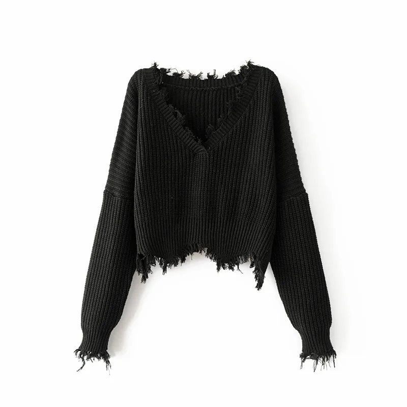 Solid V-neck Pullover Sweater Autumn Women New Loose Knitted Female Lantern Sleeve Holes Casual Short | Женская одежда