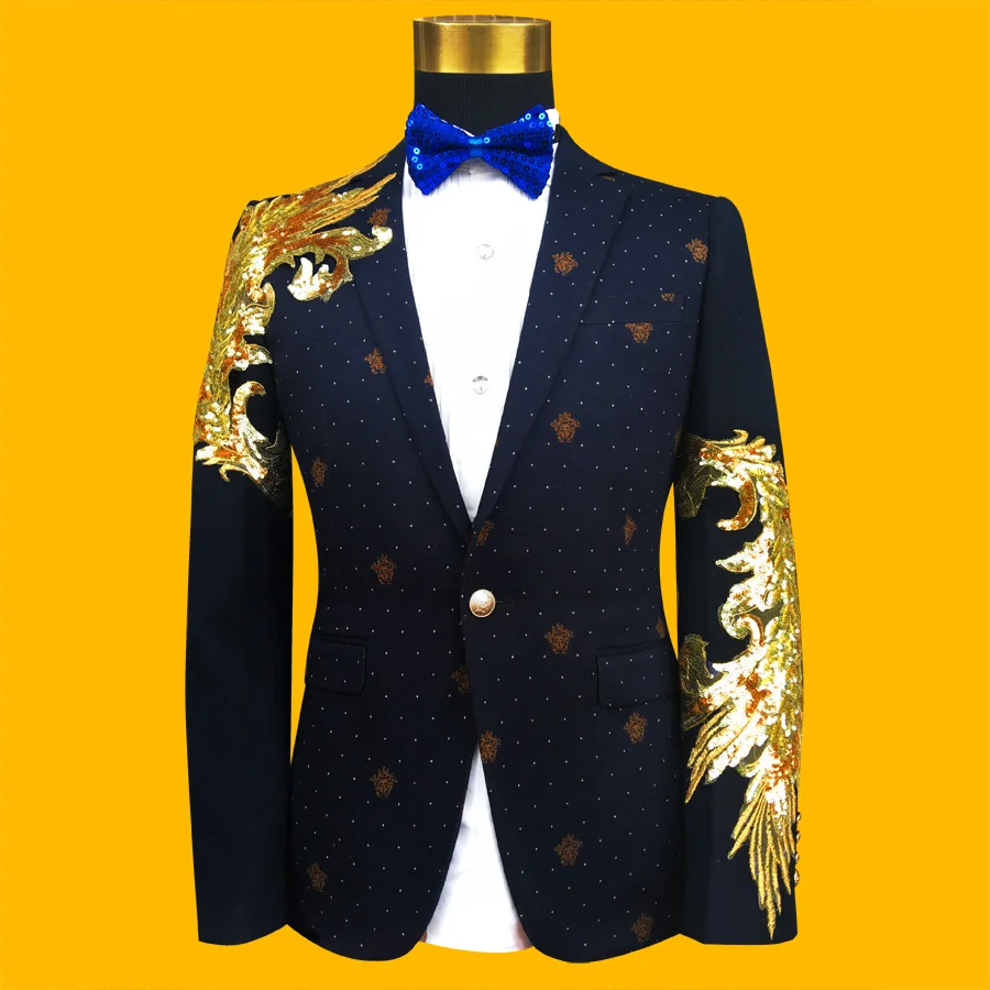 

2018 Gold and Blue Embroidered Men Suits Male Singer Slim Performance Party Prom Costumes Plus Size M-XL