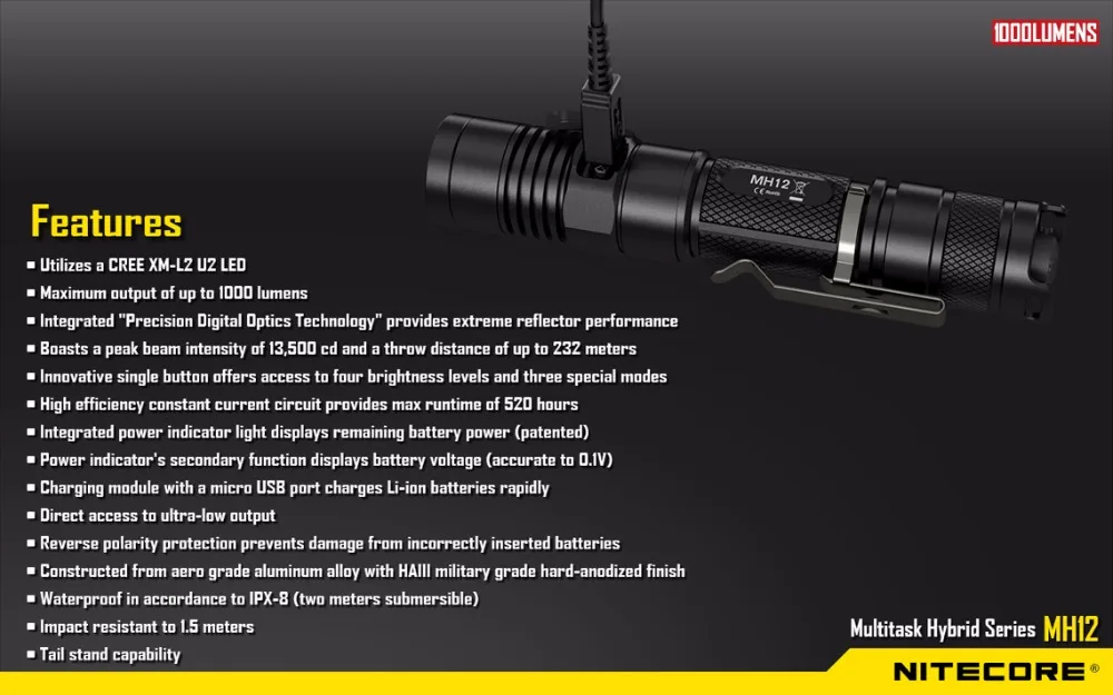NITECORE MH12 USB Перезаряжаемый фонарик CREE XM-L2 U2 светодиодный Макс 1000 люмен расстояние луча 232 м открытый свет тактический фонарь