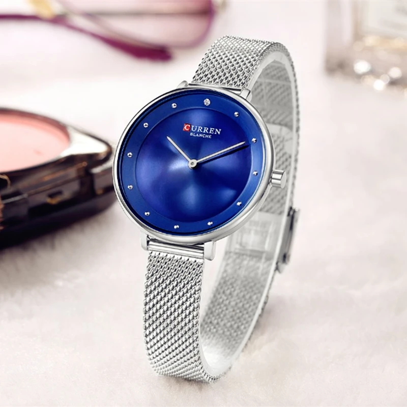 CURREN Новая мода Reloj Mujer Elegante синий и Серебристый Стальной браслет часы Женское