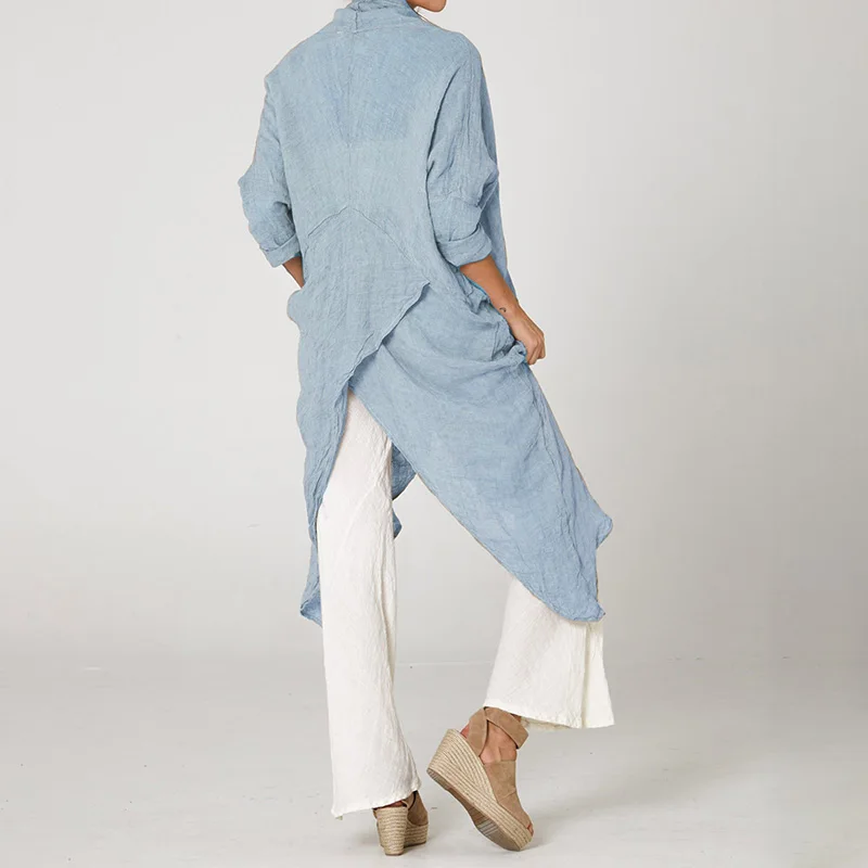 Винтажная женская блузка cellumia, Длинные рубашки, лето, повседневные асимметричные топы с воротником-хомутом и длинным рукавом, свободные блузы размера плюс