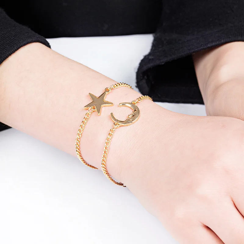 Star &amp Descent Moon Pendant Double Metallic Golden Silver Plated Bracelets 2 pieces / set | Украшения и аксессуары