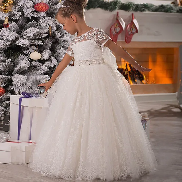 

New Fashion Flower Girl Dress For Wedding Ivory First Communion Dress For Girls Short Sleeve Tulle Pageant Party Gowns for Kids
