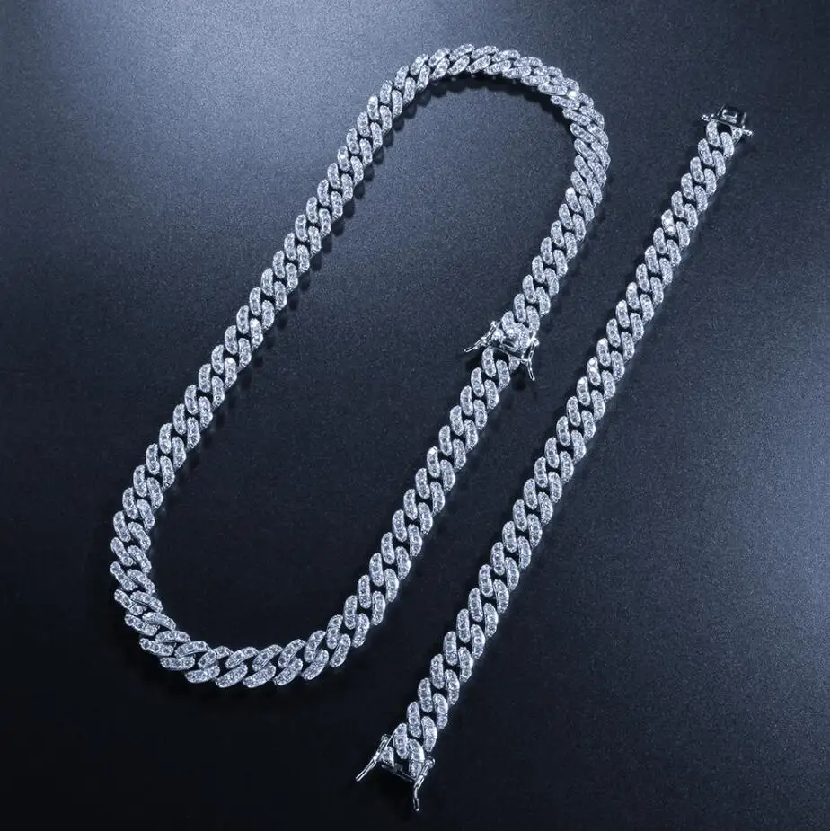 Uwin 9 мм Ожерелье и браслеты Набор Полный CZ Bling Мода кубинская звено цепи белого золота цвет ювелирные изделия Хип-хоп для женщин Прямая - Окраска металла: silver set