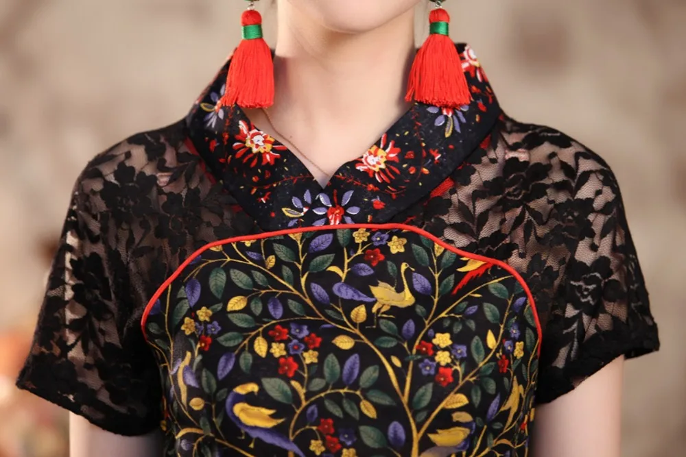 Сексуальная Черная Кружевная летняя женская рубашка топ в китайском стиле