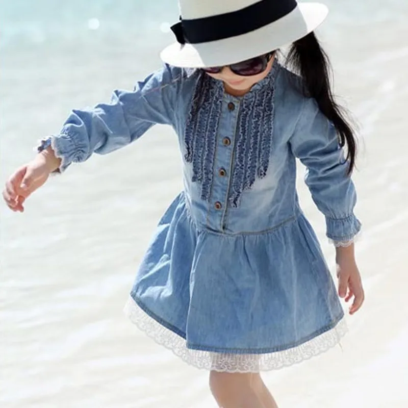 New Spring &amp Autumn High quality Girl Kids Dress Lovely Denim Blue Beautiful Lace Cowboy Clothes Long Sleeve Casual baby | Детская