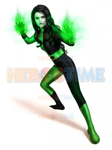 Фото Shego Costume Female Super Villain Costume Spandex Zentai Bodysuit For Woman/Girl Halloween Costume №1
